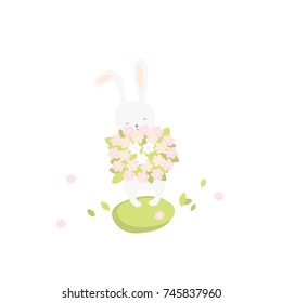 Happy Easter greeting card, poster, with cute, sweet hand drawn bunny. Cute bunny illustration with flowers.