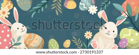 Happy Easter greeting card, poster or banner horizontal template illustration have blank space.