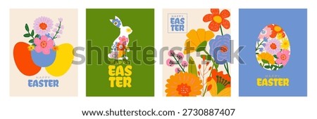 Happy Easter greeting card and poster set with bright spring colors, hand drawn flowers, eggs and cute bunny. Modern minimalist vector designs with typography for holiday covers and seasonal promotions.