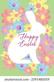 Happy Easter greeting card, posters, holiday covers. Trendy design with typography, spring hand drawn flowers and bunny in pastel colors. Modern art minimalist style.
