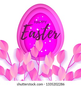 Happy Easter greeting card. Purple paper cut egg shape with shadow on white background. Vector illustration.