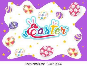 Happy Easter greeting card with rabbit, bunny and eggs