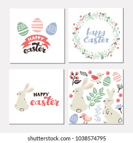 Happy Easter Greeting Card  with Rabbit, Pattern and Text. Hand Drawn Lettering Illustration.