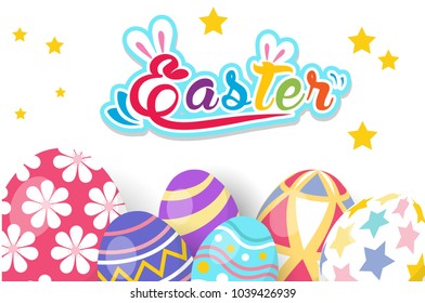Happy Easter greeting card with rabbit, bunny and eggs