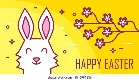 Happy Easter greeting card with rabbit and Sakura on yellow background. Thin line flat design. Vector banner.