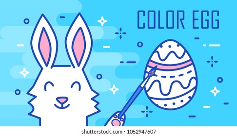 Happy Easter greeting card with rabbit, egg and brush on blue background. Thin line flat design. Vector banner.