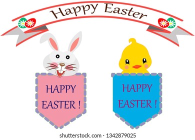 happy easter greeting card with a rabbit and chicken in the pocket.vector illustration. Can be used for design of cards.