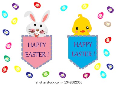 happy easter greeting card with a rabbit and chicken in the pocket.vector illustration isolated on white background with easter eggs. Can be used for design of cards.