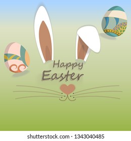 Happy Easter greeting card with rabbit, bunny, eggs and text. Vector illustration