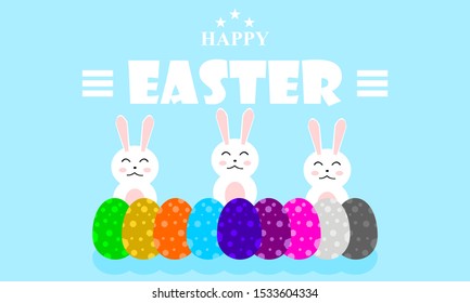 Happy Easter greeting card with rabbit and Colorful Easter eggs on Blue background. Bunny and text. Easter day concept. Vector illustration