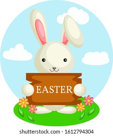 Happy Easter greeting card with сolorful rabbit and flowers. Vector illustration for Easter day