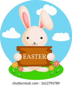 Happy Easter greeting card with сolorful rabbit and flowers. Vector illustration for Easter day
