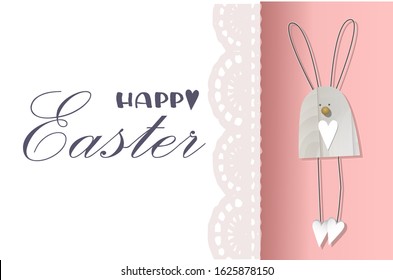 Happy Easter. Greeting card with rabbit. Wooden bunny. Easter poster, postcard, flyer. Lace and pink color. Cute vector illustration.