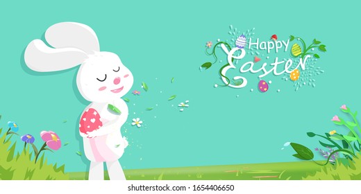 Happy Easter greeting card. rabbit cartoon character with Easter egg in garden, seasonal holiday poster invitation vector illustration