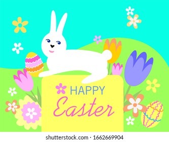 Feliz tarjeta de felicitación de Pascua con conejo, flores y huevo. Antecedentes de la primavera