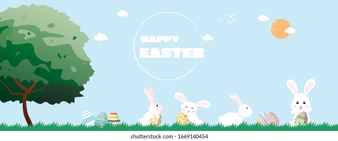 Frohe Ostergrußkarte mit Kaninchen und Ostereiern auf Feldgras. Vektorillustration.