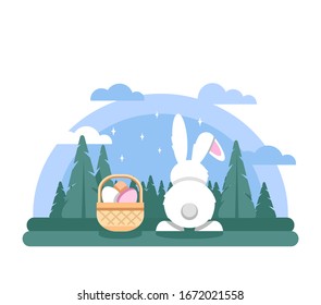 Feliz tarjeta de felicitación de Pascua con conejo, cesta con huevos, paisaje primaveral. Vista trasera de conejo blanco lindo. Conejo de Pascua para banner, anuncio, afiche, volante. Ilustración de vectores aislada en blanco