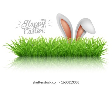 Happy Easter greeting card. Rabbit ears peeping out of grass with daisies.