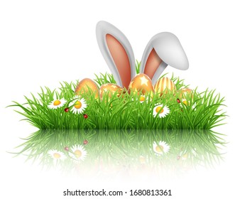 Frohe Ostern-Grußkarte. Kaninchenähren, die mit Gänseblümchen aus dem Gras strömen.