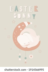 Feliz tarjeta de saludo de Pascua - Conejo de Pascua durmiendo en una luna. Dejando el conejo de Pascua. Ilustración vectorial en diseño retro.