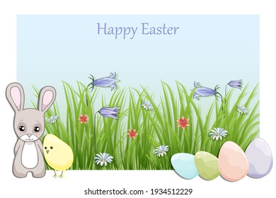 Happy Easter greeting card with rabbit, chicken, plants, flowers and colorful eggs