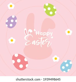 Happy Easter greeting card With rabbit easter eggs and flowers