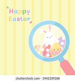 Happy easter greeting card and rabbit behind egg magnifying glass concept