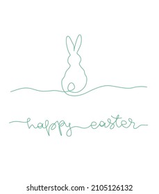 Feliz tarjeta de felicitación de Pascua con conejo. Un dibujo de línea continua con letras.  Ilustración vectorial simple.