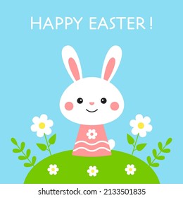 Happy Easter greeting card. Rabbit and flowers on meadow. Cartoon vector illustration