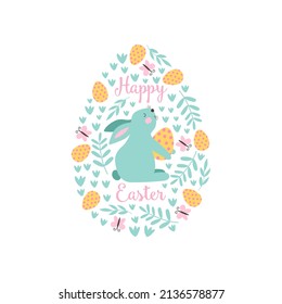 Feliz tarjeta de felicitación de Pascua con conejo. Ilustraciones vectoriales
