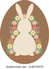 Happy Easter greeting card with rabbit, egg and flowers