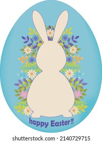 Happy Easter greeting card with rabbit, egg and flowers