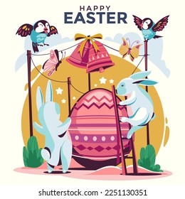 Feliz tarjeta de saludo de Pascua con fondo de conejo y huevos