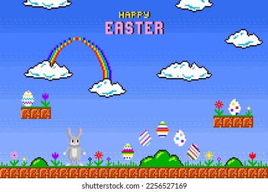 Happy Easter greeting card. Easter rabbit in style of eight-bit game. Inscription of  Happy Easter.  Vector illustration  