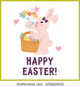 Tarjeta feliz de saludo de Pascua con ilustración vectorial de mano de conejo. Tarjeta de primavera decorativa de Pascua o diseño de pancartas con conejito sobre fondo blanco.