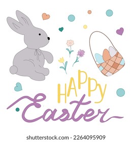 Happy easter greeting card rabbit bunny flowers, eggs Easter in bascket. Doodle vector illustration. Design for card, poster, coves, postcards, scrapbooking, textile, craft paper, notebook, fabric.