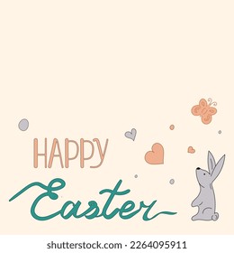 Happy easter greeting card card rabbit, bunny, flowers, heart. Easter Doodle vector illustration. Design for card, poster, coves, postcards, scrapbooking, stories, notebook, print, social media post.