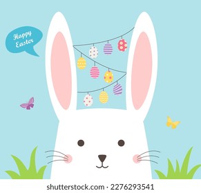 Happy Easter Greeting card with a rabbit and hanging eggs garland. Funny bunny. Vector illustration