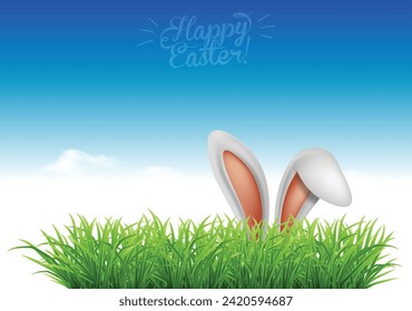 Happy Easter greeting card. Rabbit ears peeping out of grass with daisies.  High detailed realistic illustration.
