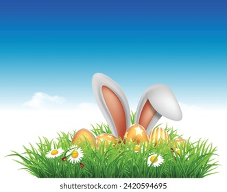 Happy Easter greeting card. Rabbit ears peeping out of grass with daisies.  High detailed realistic illustration.