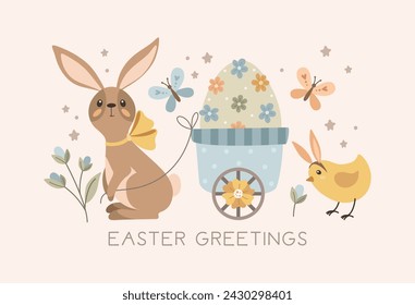 Happy Easter greeting card. Rabbit with cart, eggs and chickens. Vector illustration