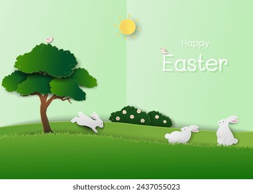 Happy Easter greeting card with rabbit family happy in the meadows on sunshine day,vector illustration