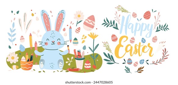 Happy Easter greeting card with rabbit and eggs in pastel colors spring holiday celebration card horizontal