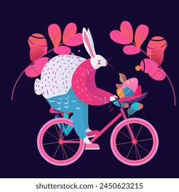 Tarjeta de felicitación de Pascua feliz con conejo montando en bicicleta tarjeta de celebración de vacaciones de primavera