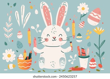 Happy Easter greeting card with rabbit and eggs in pastel colors spring holiday celebration card horizontal