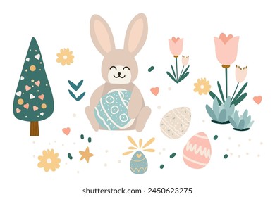 Happy Easter greeting card with rabbit and eggs in pastel colors spring holiday celebration card horizontal