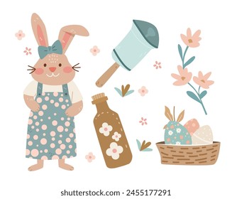Happy Easter greeting card with rabbit eggs and spring flowers pastel colors holiday celebration card
