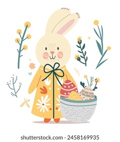 Tarjeta de felicitación de Pascua feliz con huevos de conejo y flores de primavera colores pastel tarjeta de celebración de vacaciones