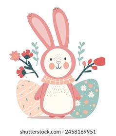 Happy Easter greeting card with rabbit eggs and spring flowers pastel colors holiday celebration card