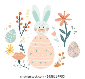 Happy Easter greeting card with rabbit eggs and spring flowers pastel colors holiday celebration card